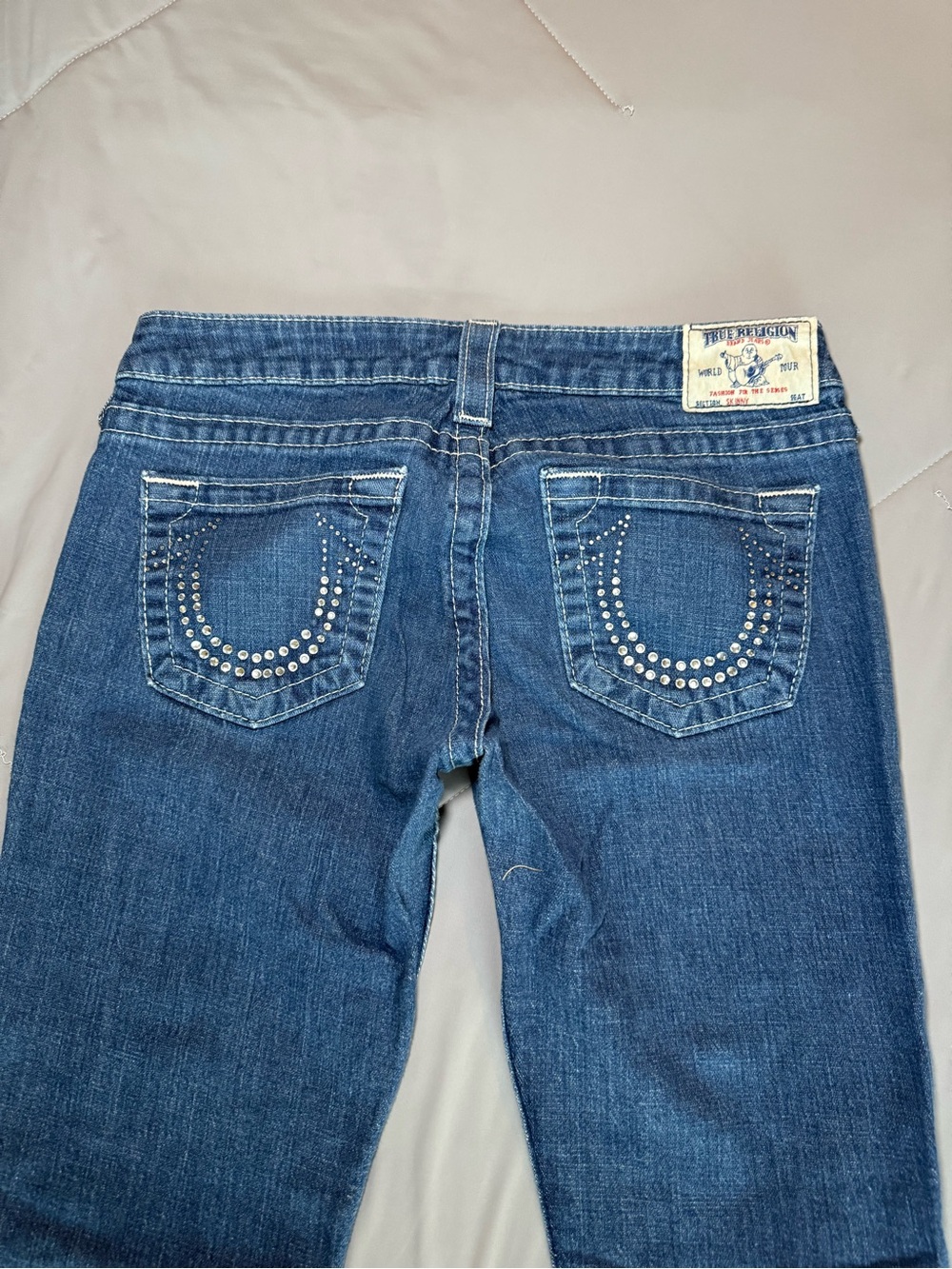 True Religion Women's Dark Blue Studded Back Pocket Straight Leg Jeans Low Rise